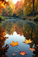 Family of leaves floating on a lake in Autumn Park, autumn, nature
