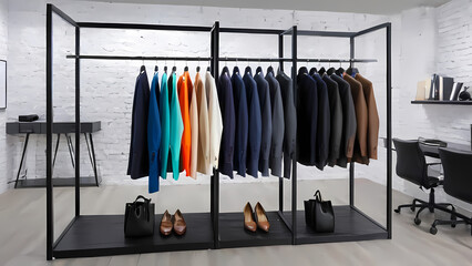 Stylish clothing rack displays a variety of suits and accessories in a modern workspace environment Generative AI