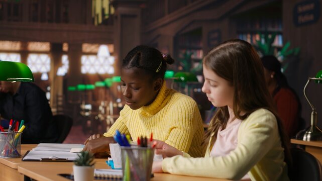 Preteen girls focus on reading the required books at a study desk, developing their academic skills and literary language at the library. Scholars enjoy lecture for the school curriculum. Camera B.