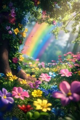 Naklejka premium Beautiful flowers in Spring with rainbow