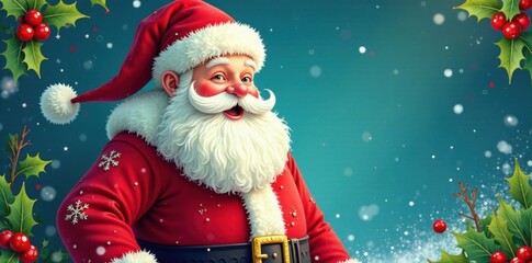 Whimsical snowflake-adorned Santa Claus illustration, surrounded by festive holly and berries, snowflake design, Christmas tree