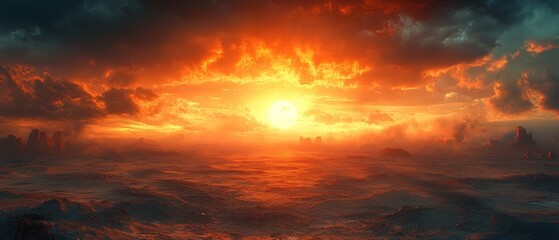Obraz premium Fiery sunset over a vast, desolate landscape.