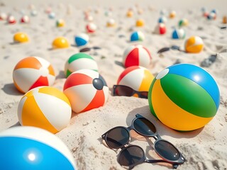 Beach Balls, Sunglasses on Sandy Beach Summer Fun, Vacation, Leisure, Holiday, Playtime, Relaxation, Coastal Scene.