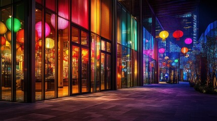 Vibrant evening scene with colorful lanterns illuminating a modern building's entrance.