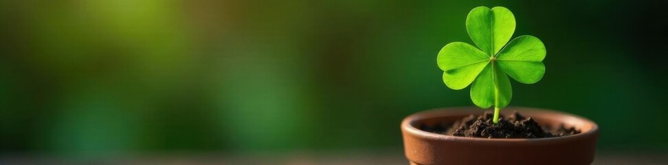 Naklejka premium Four-leaf clover growing out of a pot with bright green leaves, nature indoors, leafy greens, greenery