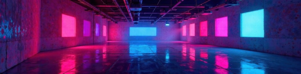 Fragmented rooms with fractured shapes and neon lights, shattered glass, trippy interior