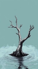 Solitary Dead Tree in Still Waters, Eerie Scene