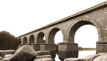 Ancient bridge made of large stone blocks with arches spanning a river, isolated on a blank background for creative or design work