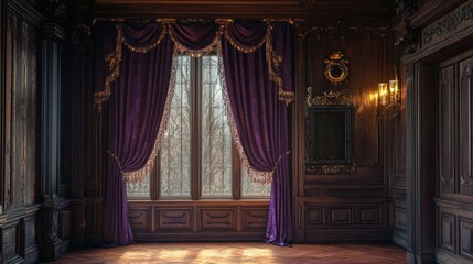 Elegant room with purple curtains and wooden decor, showcasing a vintage aesthetic.