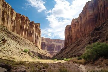 Tall canyon sides loom as ageless watchers, softly proving the deep flow of time gone.  
