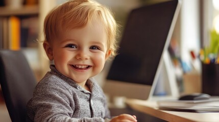 Adorable toddler smiling beside a computer screen displaying innocent childhood