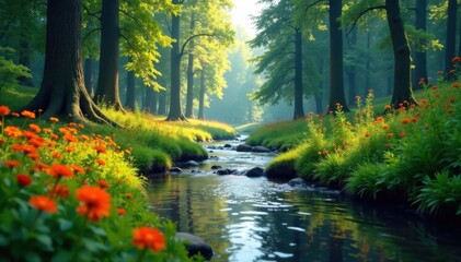 Fototapeta premium Gentle stream flowing through a lush forest clearing surrounded by tall trees and colorful flowers, forest, stream, landscape