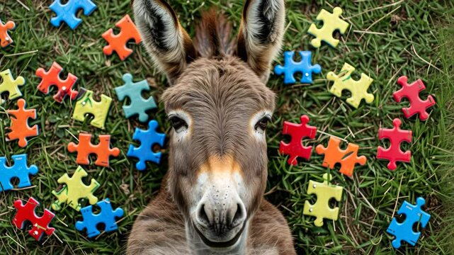 Cute donkey engrossed in a jigsaw puzzle, adding a whimsical touch, Ai Generated.