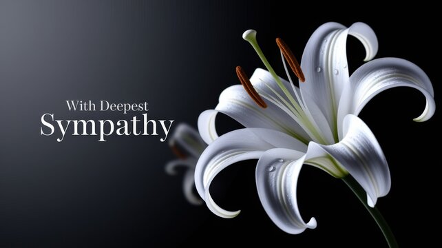 Elegant white lily flower with text With Deepest Sympathy on a dark background, symbolizing condolence and mourning