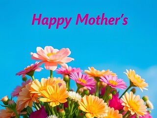 Happy Mother's Day Floral Bouquet, Blue Sky Background - Colorful Flowers, Gift, Celebration, Love, Greeting Card