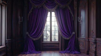 A luxurious room featuring elegant purple curtains and wooden paneling by a large window.