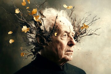 Neuropathy - obstacle in old age: abstract image of mental state. Fragile old woman. Senior recovery. Old man problems. Metaphorical neuropathy physical senses, of a biological aging.