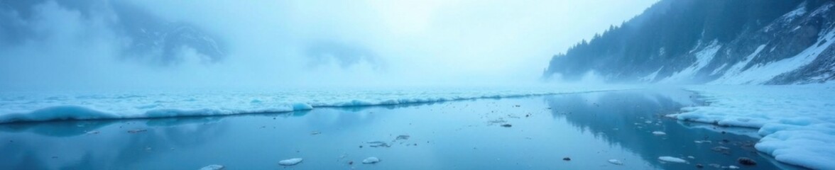 Glacier blue misty morning scene with frosty waves on icy surface , frosty mornig, , cold weather