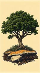 Fototapeta premium Tranquil Tree Illustration on Small Island Detailed Digital Art with Natural Stone Ground and Greenery