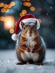 Festive squirrel in a Santa hat among winter lights.