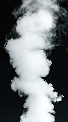 White vapor, steam column rising against dark backdrop, billowing dense cloud, abstract misty smoky texture, ethereal background, monochrome image, copy space.