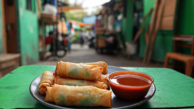 Crispy spring rolls served with dipping sauce in a vibrant street setting