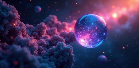 Fototapeta premium Glowing, iridescent orbs suspended in space amidst shimmering silver stars and dark matter-like textures, iridescent, astral