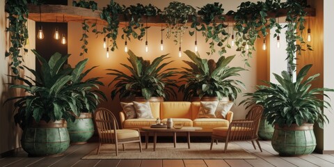 Obraz premium Cozy indoor living space with lush greenery and warm lighting