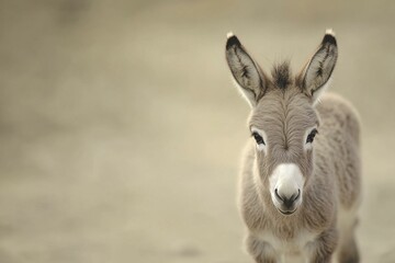 Obraz premium Close-up of a Cute Donkey Foal with Soft Gray Fur Standing on Dry Ground on a Bright Day
