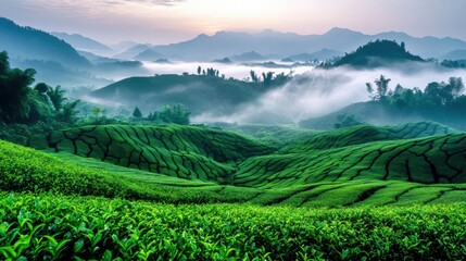 Tea plant with fresh lush leaves in plantation farm land in Spring.