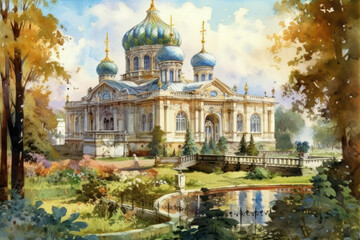 Obraz premium mansion or estate in a classic style, surrounded by a lush garden. 