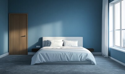 A modern bedroom interior featuring bed furniture and window light