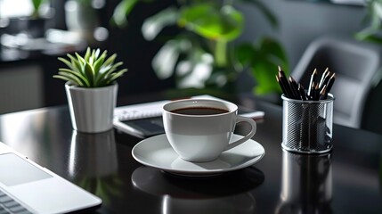 Professional new job wish card sleek modern office setup featuring laptop coffee cup neatly placed business card card subtle metallic border blank section writing motivational message celebrate career