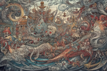 Obraz premium A rich and detailed fantasy scene made in a graphic art style with an abundance of small details and complex elements. 