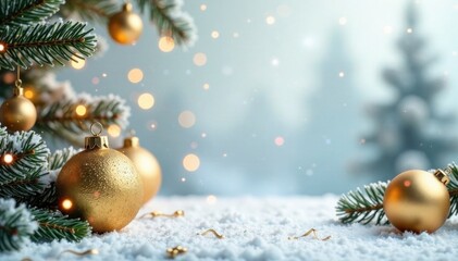 Golden ornaments and garlands adorning a frosty white backdrop, garlands, ornaments