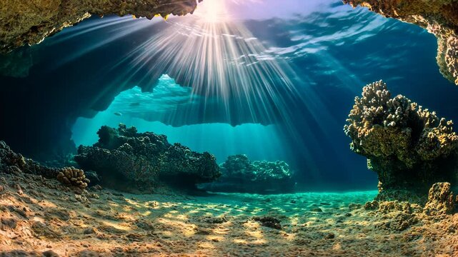 Sunlit underwater cave scene with coral and crystal clear turquoise water