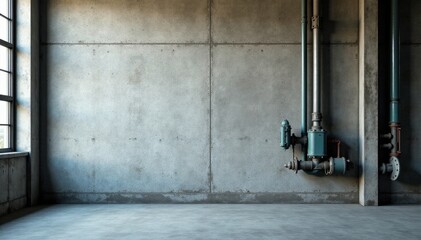 Grey textured concrete wall with industrial pipes and machinery, industrial, industrial equipment