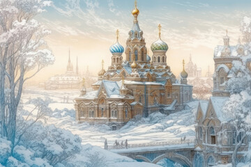 Obraz premium winter landscape with majestic orthodox cathedral in Russia. 