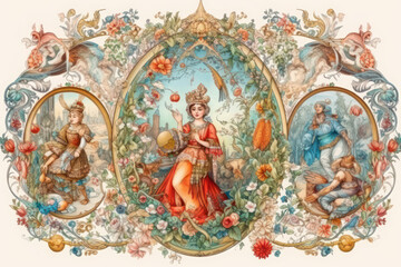 Obraz premium An elegant composition in Baroque style, consisting of three oval medallions, decorated with floral designs and depicting various characters in luxurious attire. 