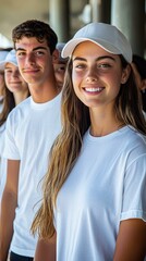 Diverse group of positive, smiling volunteers, young people in white t-shirts, caps, demonstrating social responsibility, youth community helping out, volunteering activity, copy space.