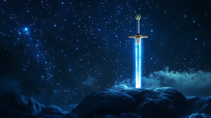 Glowing sword in stone under starry night sky magical fantasy concept with copy space. Mystic Relic. Illustration