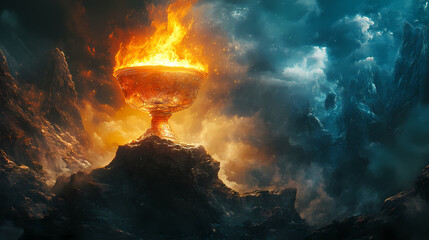Fototapeta premium Flaming chalice glowing on mystic rock. Mystic Relic. Illustration