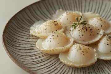 Scallops on Striped Ceramic Plate with Herb Garnish, Black Pepper, Fresh Appetizer, Seafood Dish, Food Photography