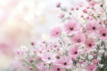 Delicate pink flowers blooming in soft sunlight, spring floral background