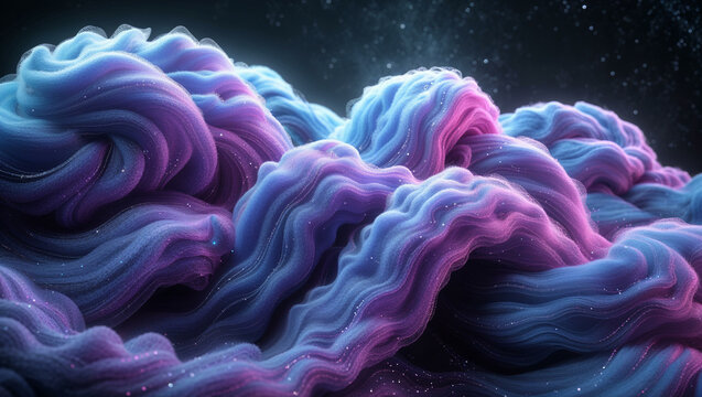 A highly detailed 3D render of intertwined, coiled structures covered in dense, slightly iridescent fur. The colors blend deep purple, midnight blue, and hints of neon cyan, resembling a mystical nebu