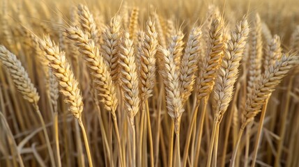 Fototapeta premium Close-up of golden wheat stalks in a field, showcasing agricultural abundance.