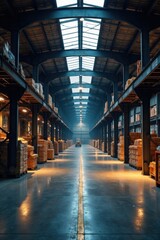 Fototapeta premium Industrial warehouse layout design with structural elements and lighting effects, visualization, design, industrial