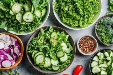Obraz premium Fresh green salad ingredients in bowls with cucumbers, arugula, and spices