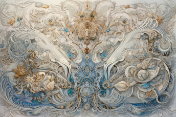 complex decorative composition made in quilling style. Key elements include swirls, flowers and leaves that intertwine to create abstract shapes.  