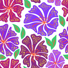 Decorative botanical floral seamless pattern. Hand drawn colorful flowers with leaves on white background. For textile, wallpaper, print, wrapping, scrapbooking. Spring illustration
